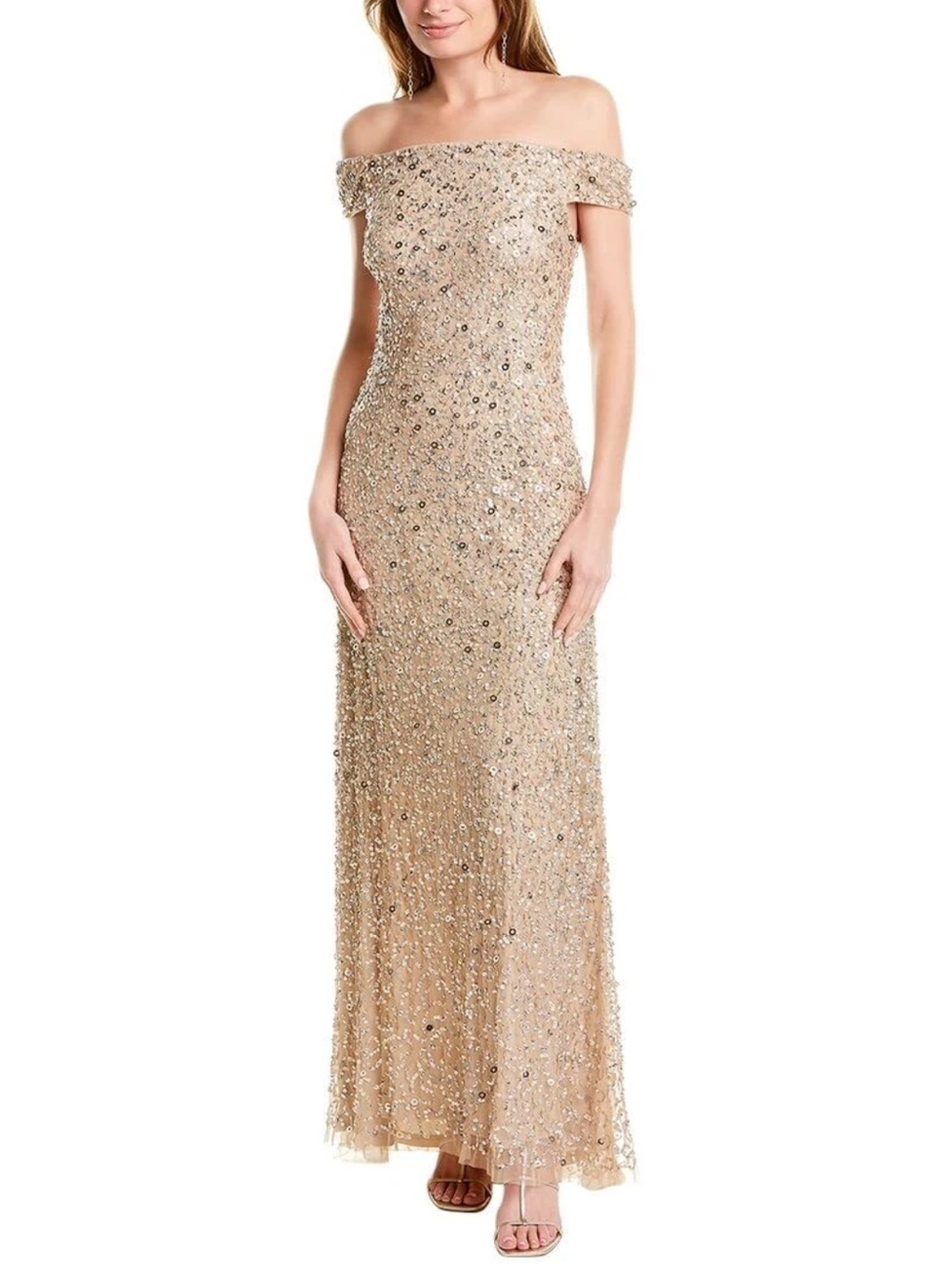 Adrianna Papell NWT Champagne Off Shoulder Sequin Beaded Gown | Size 8 $299